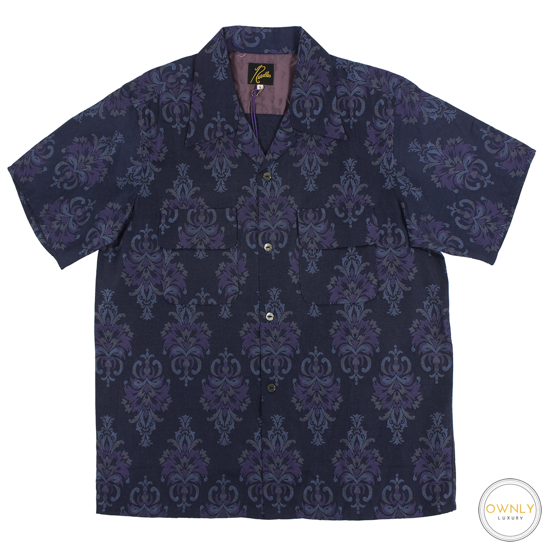 NWT $354 Needles Blue Cupra Silk Rayon Ornament Jacquard Vacation Camp Shirt S
