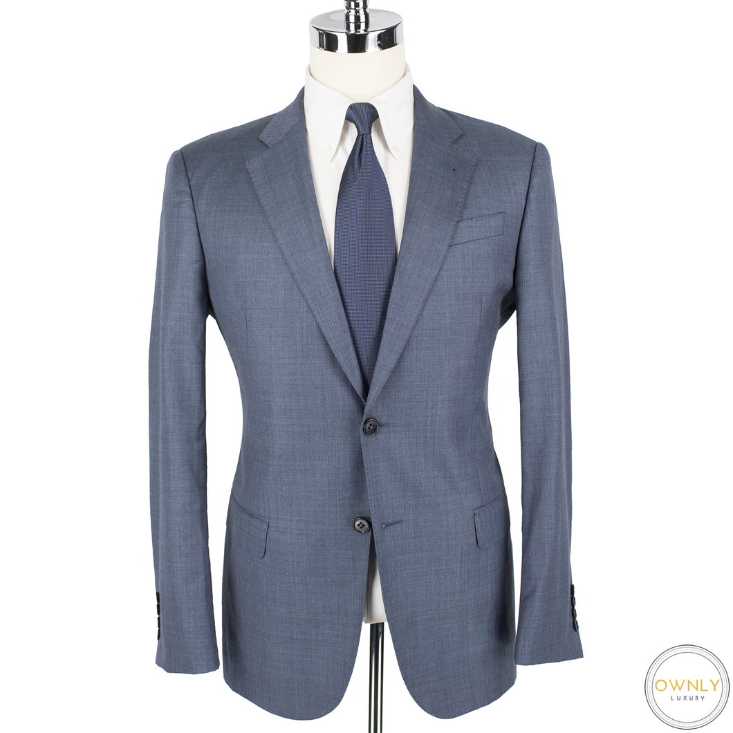 NWT CURRENT $1695 Emporio Armani Blue Wool Sharkskin Flat Front 2Btn Suit 40R