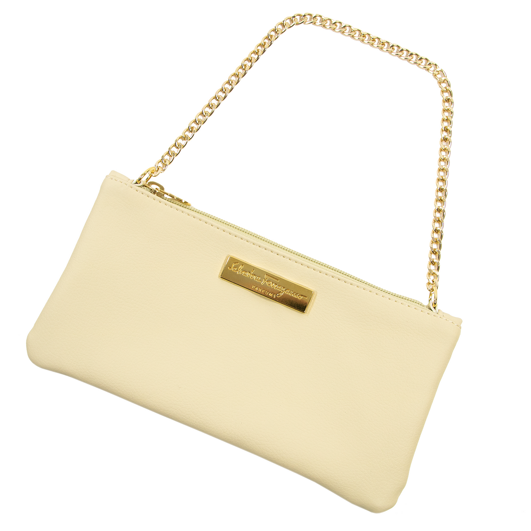 LNWOT Salvatore Ferragamo Cream Leather Gold Tone Accent Parfums Cosmetic Bag