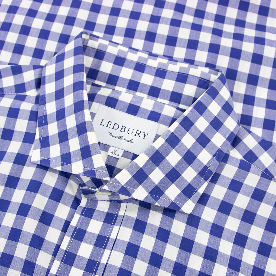 Ledbury Blue White Cotton Gingham Check Spread Collar Dress Shirt 43EU/17US