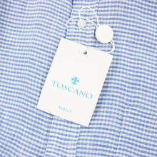 LNWT Toscano Blue White Linen Checked Spread Collar Dress Shirt Medium