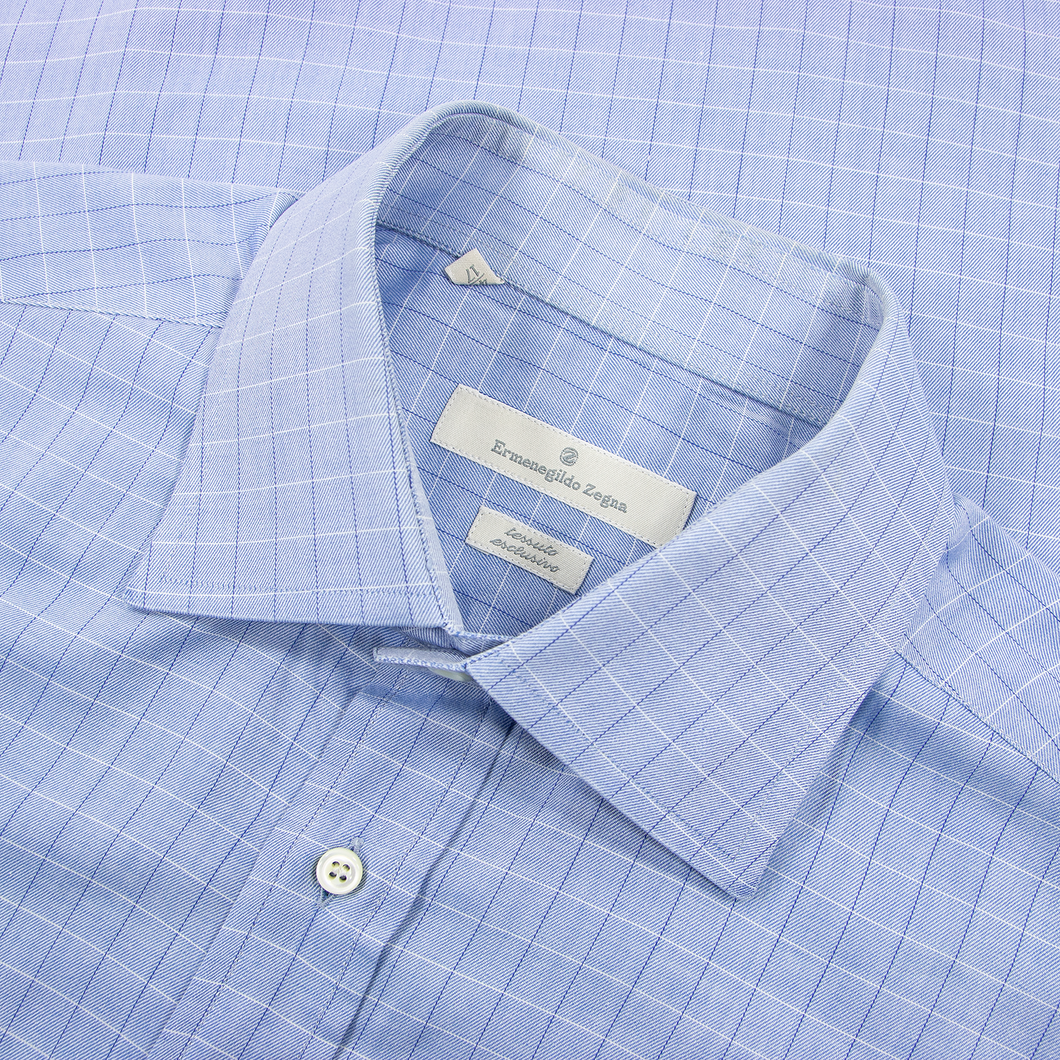 Zegna Exclusive Blue Cotton Checked Spread Collar Dress Shirt 43EU/17US