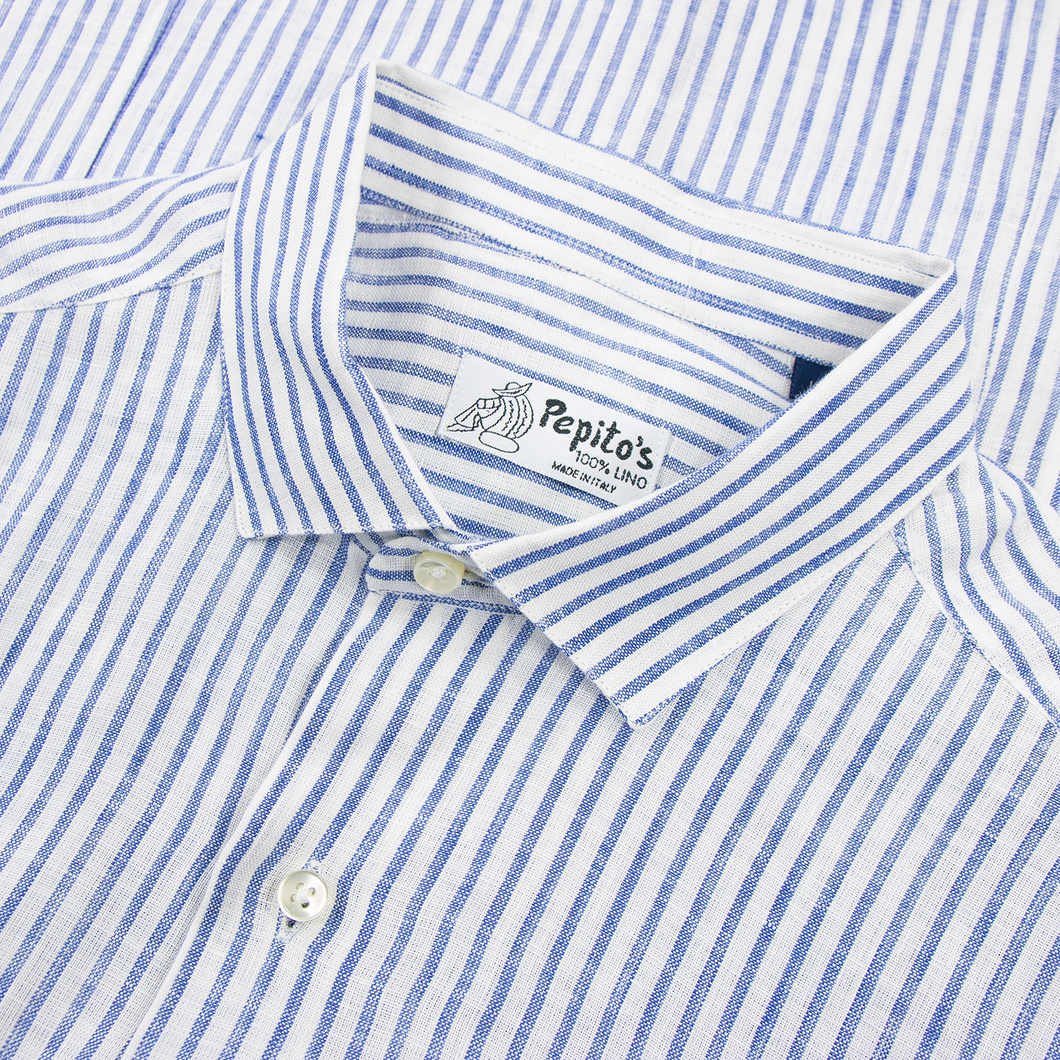 Pepito's Blue White Linen Slubby Striped Italy Spread Collar Dress Shirt L