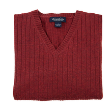 Brooks Brothers Cherry Red Melange Wool Ribbed Knit Thick Piped V-Neck Sweater L