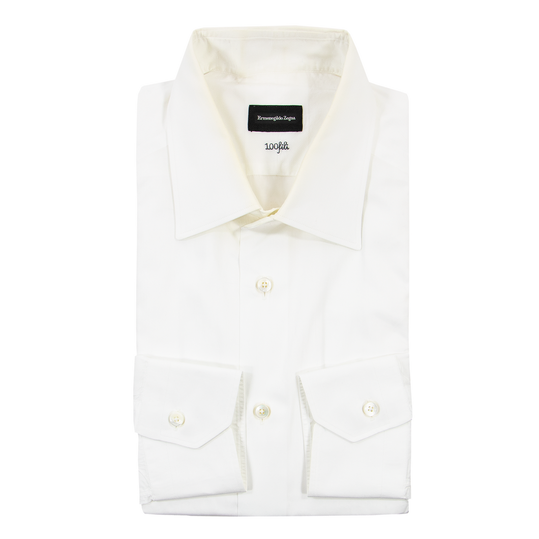 NWD $450 Zegna White 100Fili Cotton MOP Spread Collar Dress Shirt 42EU/16.5US