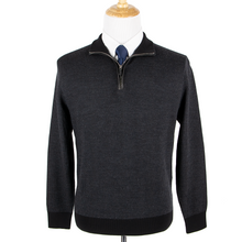 Zegna Black Grey Wool Cashmere Leather Trim Piped Half Zip Knit Sweater 52EU/L