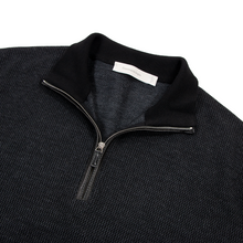 Zegna Black Grey Wool Cashmere Leather Trim Piped Half Zip Knit Sweater 52EU/L