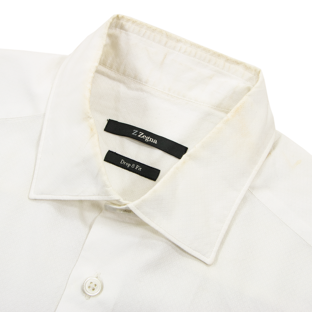 Z Zegna Drop 8 Fit White Cotton Diamond Jacquard Spread Dress Shirt 41EU/16US