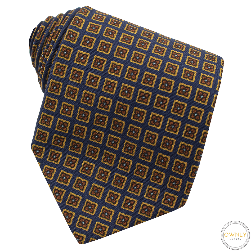 Loro Piana Blue Brown 100% Silk Cubed Medallion Italy Tipped Tie