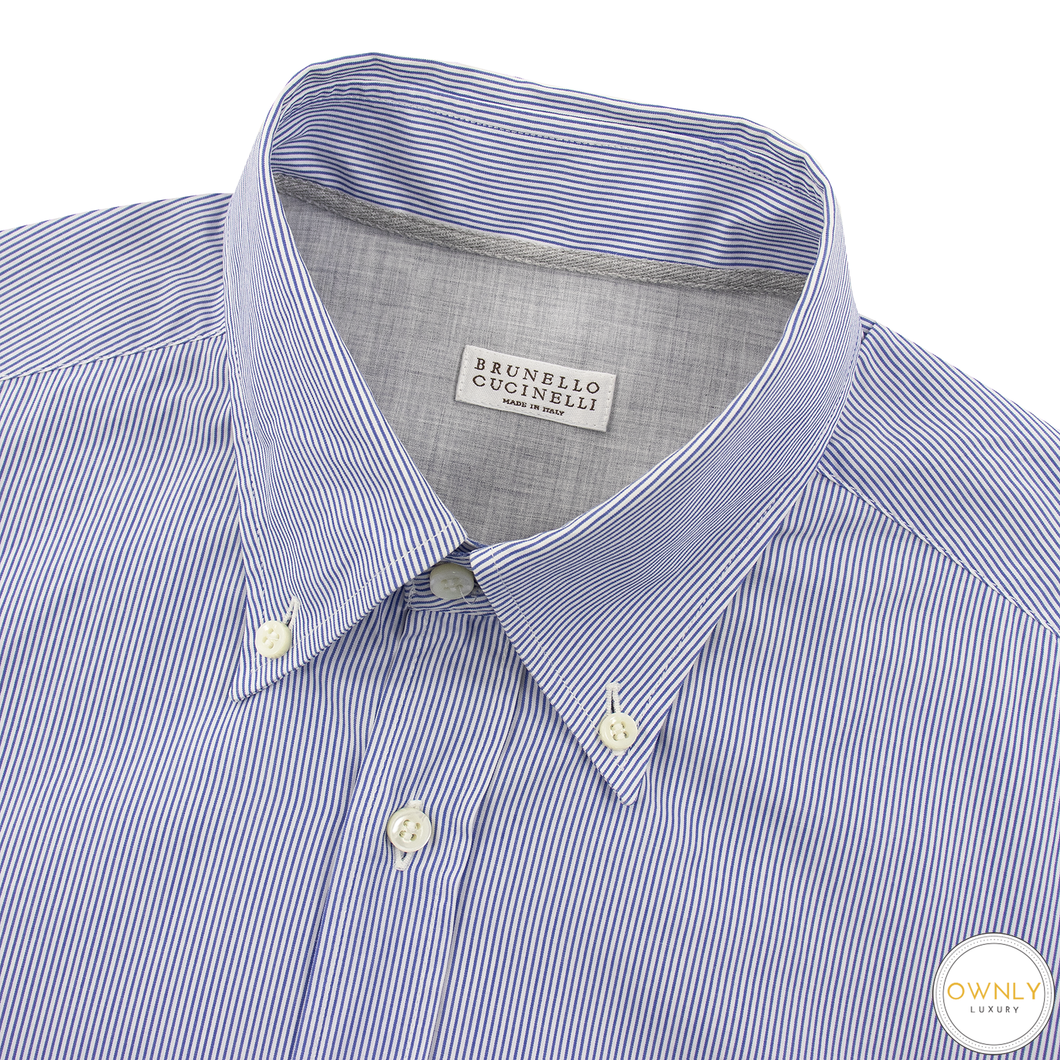 Brunello Cucinelli Blue White Cotton Striped Button Down Dress Shirt M
