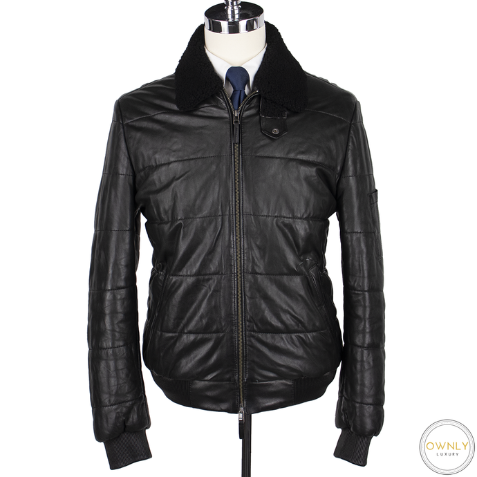 Allen Edmonds Black Leather Grain Shearling Fur Collar Padded Bomber Jacket M