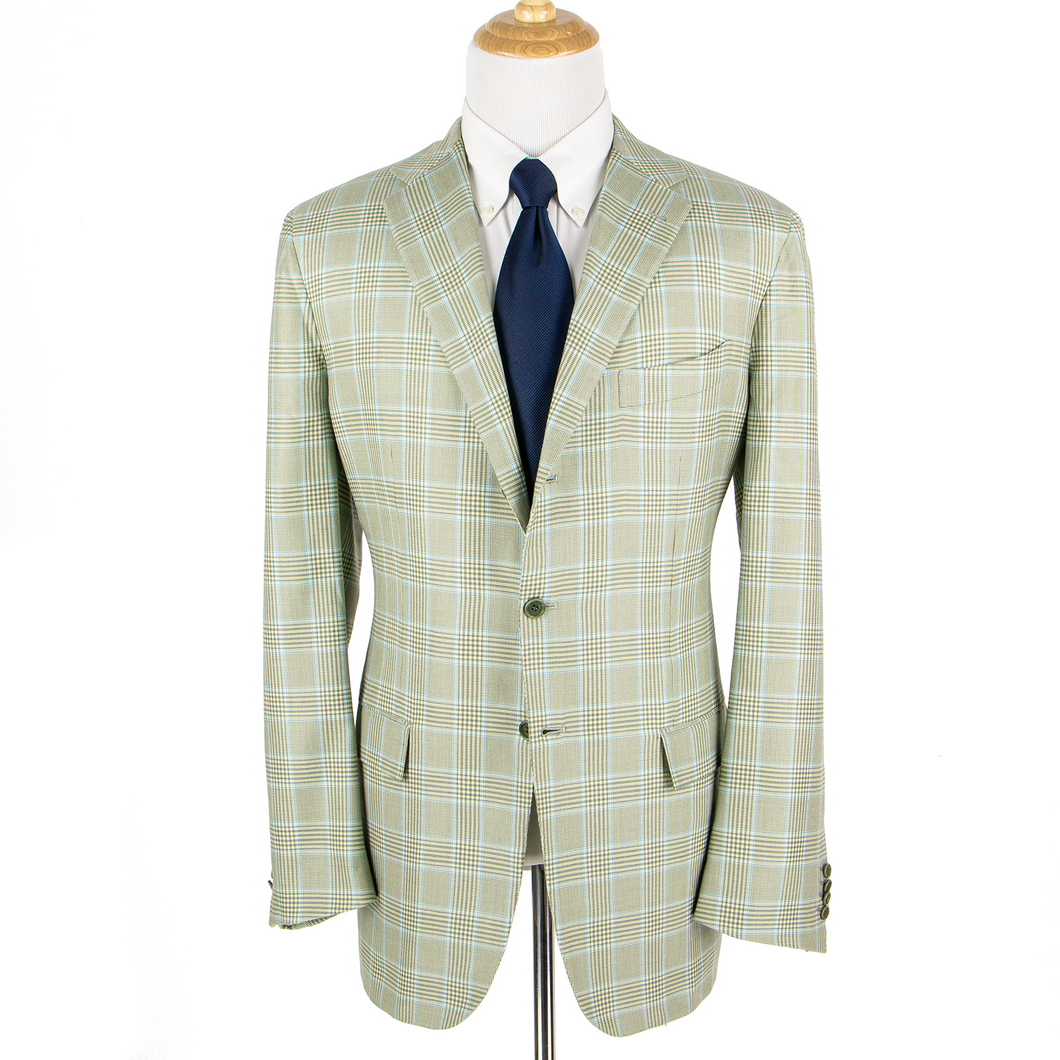 Kiton Pale Green Blue 100% Cashmere Plaid Dual Vents 3/2 Roll Jacket 46L