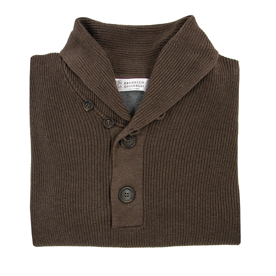 Brunello Cucinelli Brown Cotton Shawl 1/2 Btn Rib Piped Henley Sweater XL/54EU