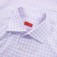 Isaia Pink Blue Cotton Checked Plaid Spread Collar Dress Shirt 17US