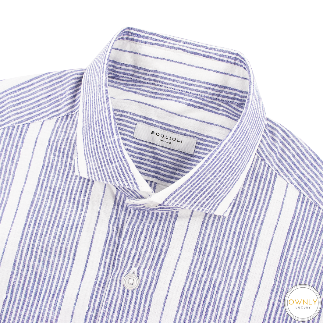 NWT Boglioli Blue White Cotton Multi Striped Static Spread Dress Shirt 15US