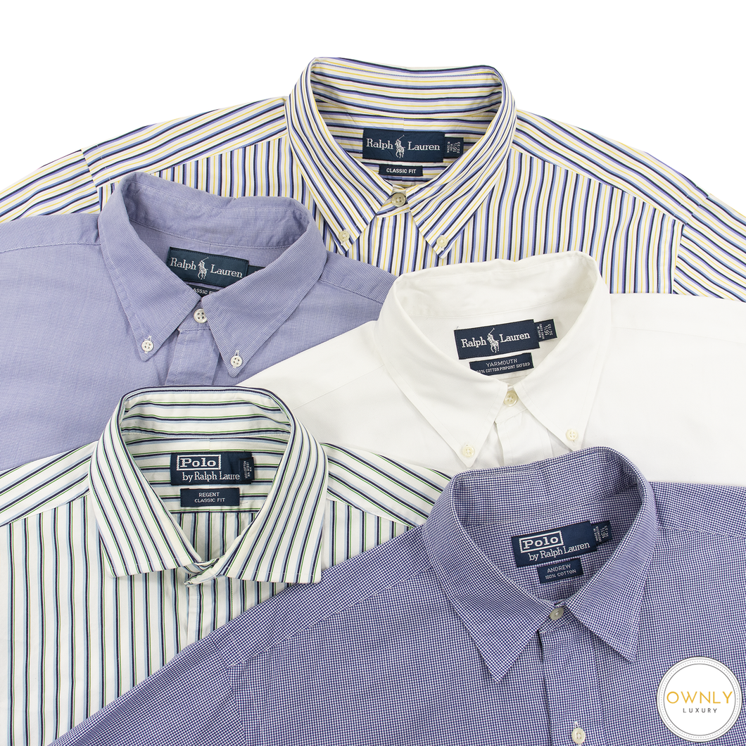 LOT of 5 Ralph Lauren Multi-Color Cotton Checked Plaid Striped Dress Shirts 16.5