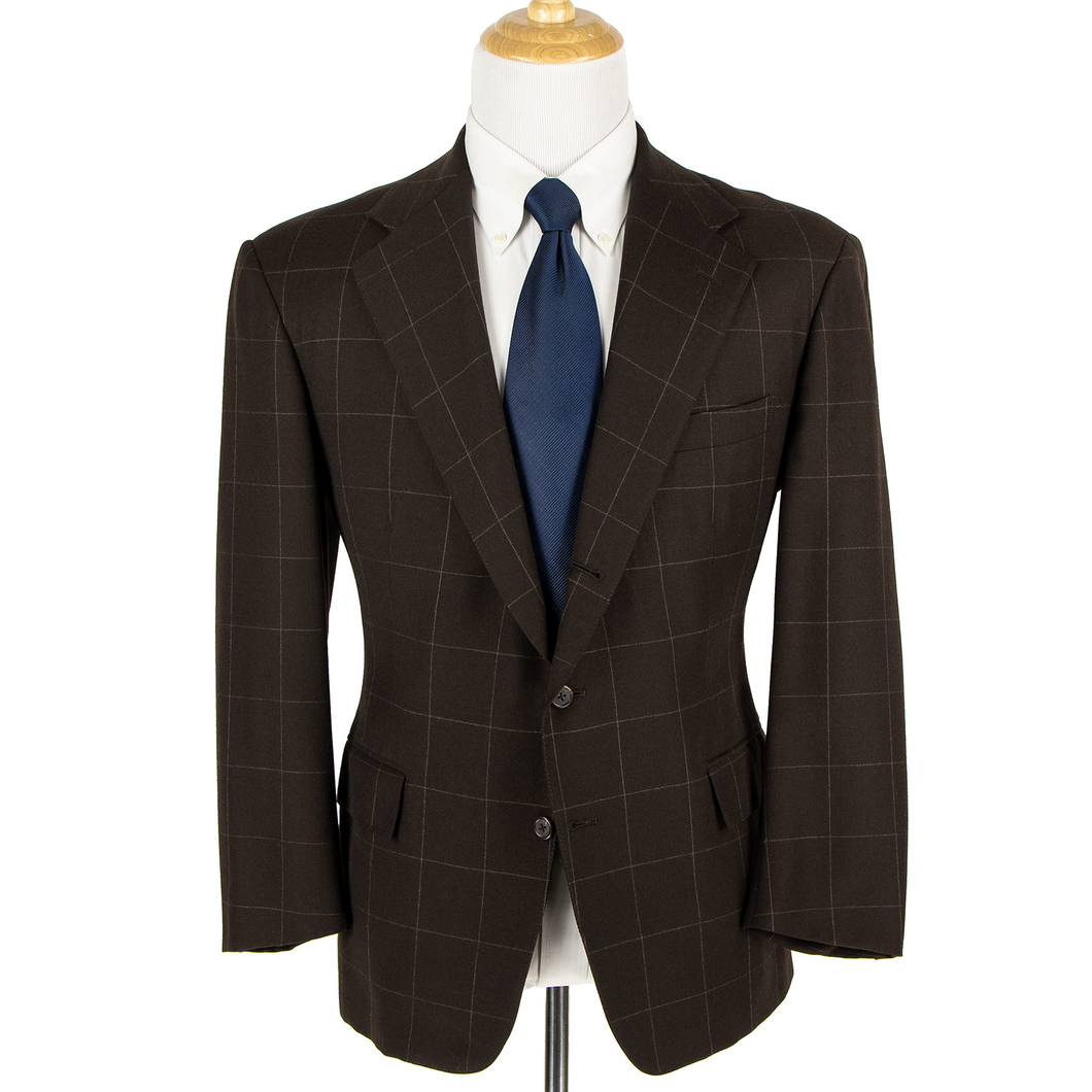 Polo Ralph Lauren Pecan Brown Wool Windowpane Bespoke Suit Pleated 3/2 Suit 42S