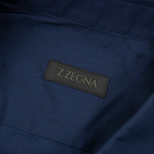 NWT Z Zegna Navy Blue Cotton Landmark Print Slim Fit Point Collar Dress Shirt M