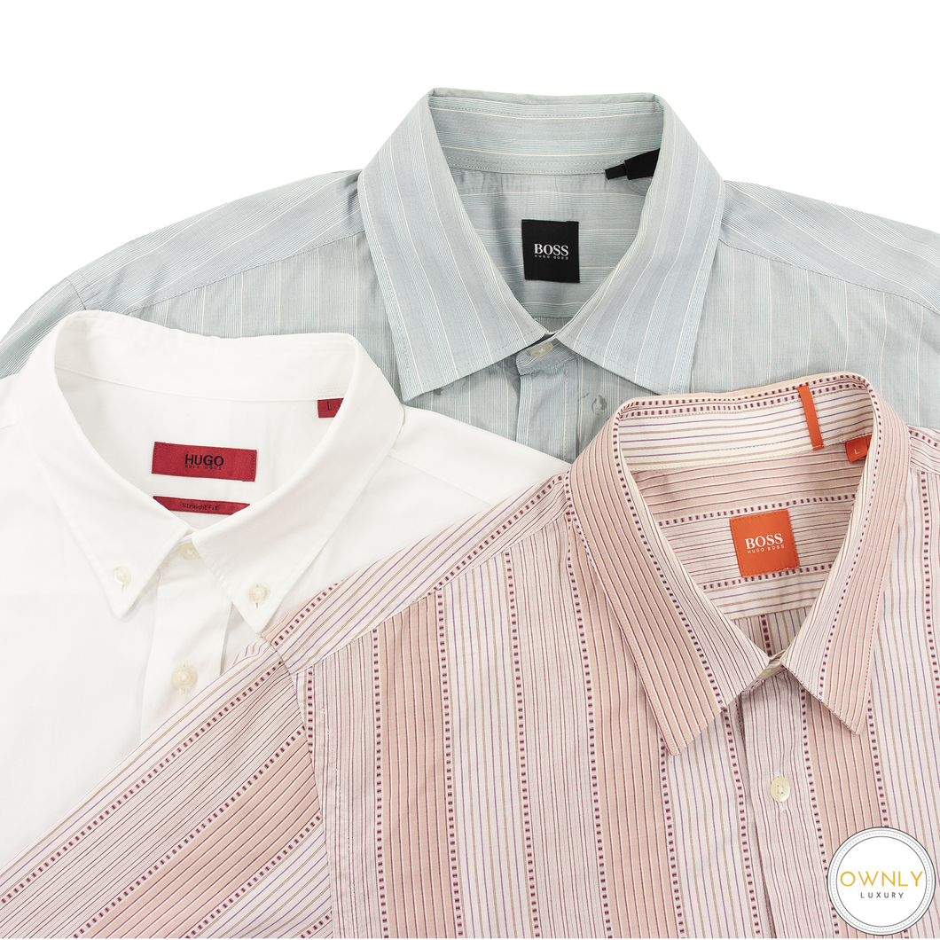 LOT of 3 Hugo Boss Multi Color Cotton Striped Long Short Sleeve Dress Shirts L