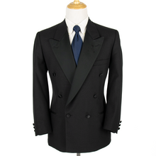 Barneys New York Jet Black Wool Satin Peak Lapel Double Breasted Tuxedo Suit 44R