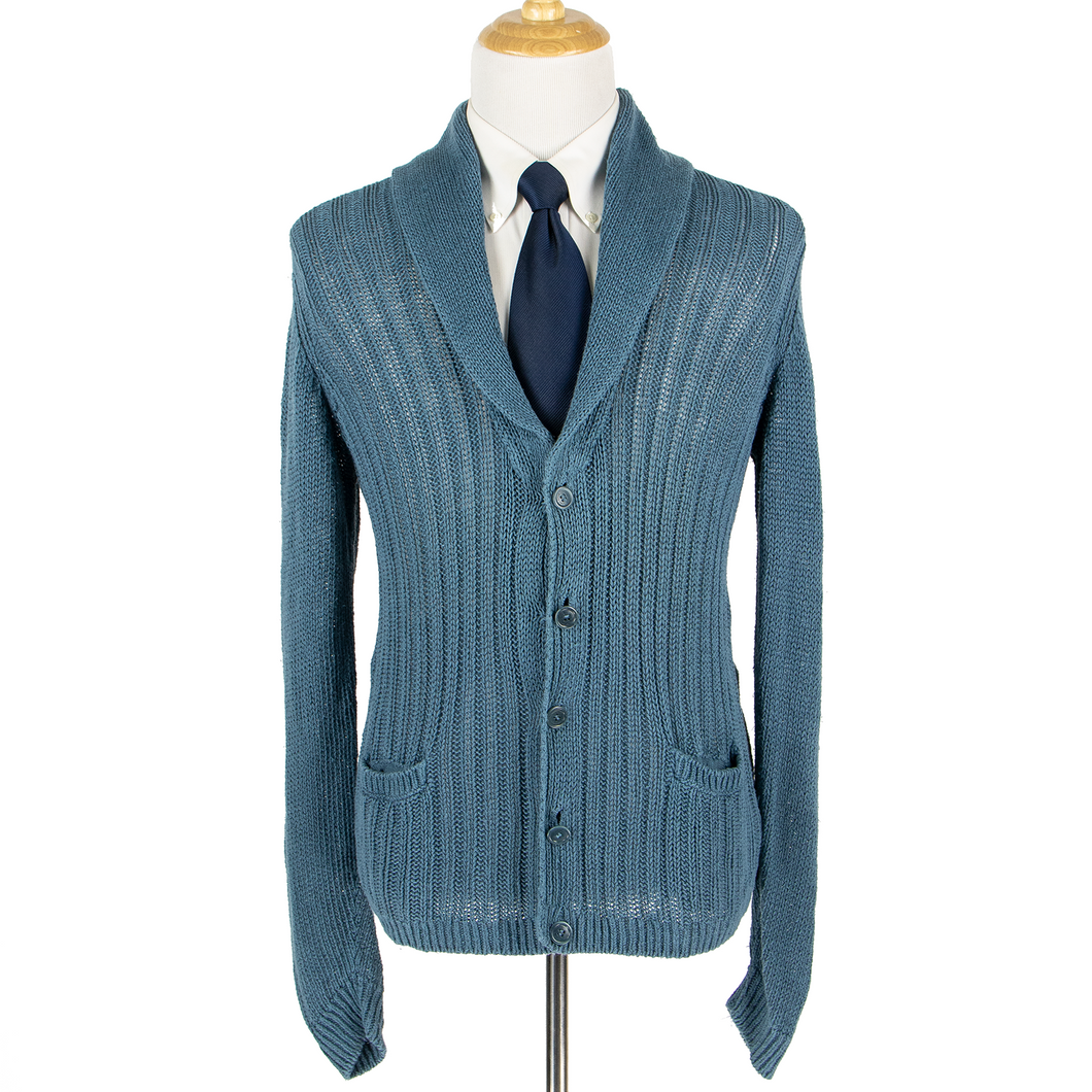 Loro Piana Cerulean Blue Linen Ribbed Knit Shawl Collar Cardigan Sweater Large