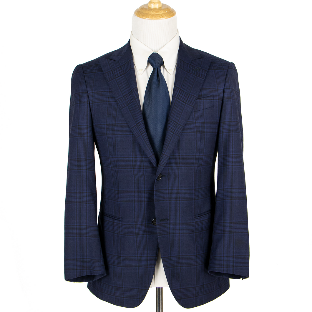 LNWOT Caruso Blue Black Wool Plaid Top Stitch Woven Dual Vents 2Btn Jacket 38R