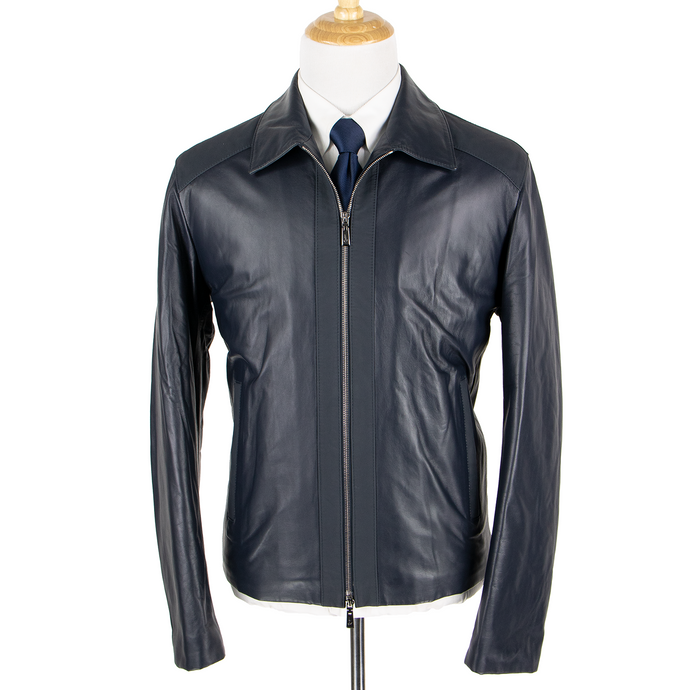 NWT Schiatti & Co. Blue Nappa Leather Suede Trim Padded Blouson Jacket