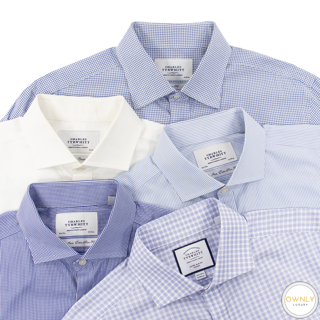 LOT of 5 Charles Tyrwhitt Blue White Cotton Check Striped Spread Clr Shirts 16.5
