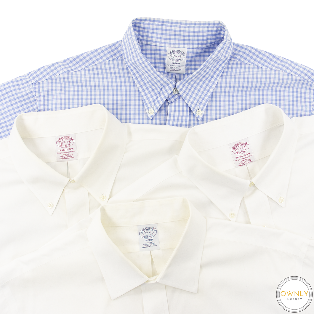 LOT of 4 Brooks Brothers White Blue Cotton Checked Solid Dress Shirts 17.5