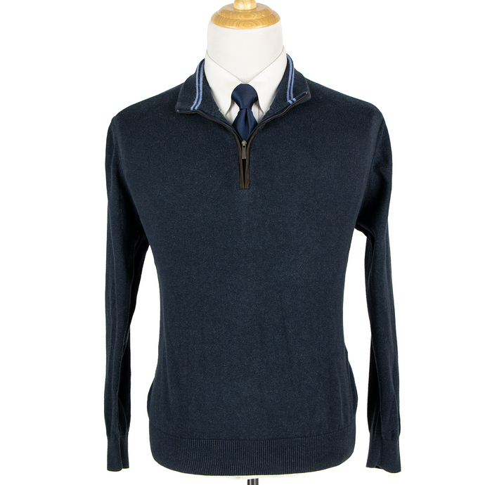 Alan Fusser Space Blue Cotton Piped Knit Suede Trim Half Zip Sweater M