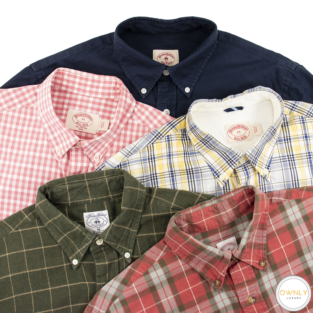 LOT of 5 Brooks Brothers Multi Color Cotton Plaid Checked Dress Shirts M