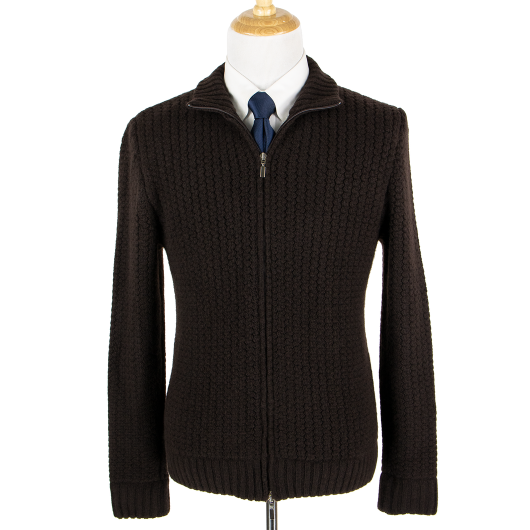 NWT Schiatti Brown 100% Cashmere Heavy Rib Knit Bomber Sweater Jacket 3XL/58EU