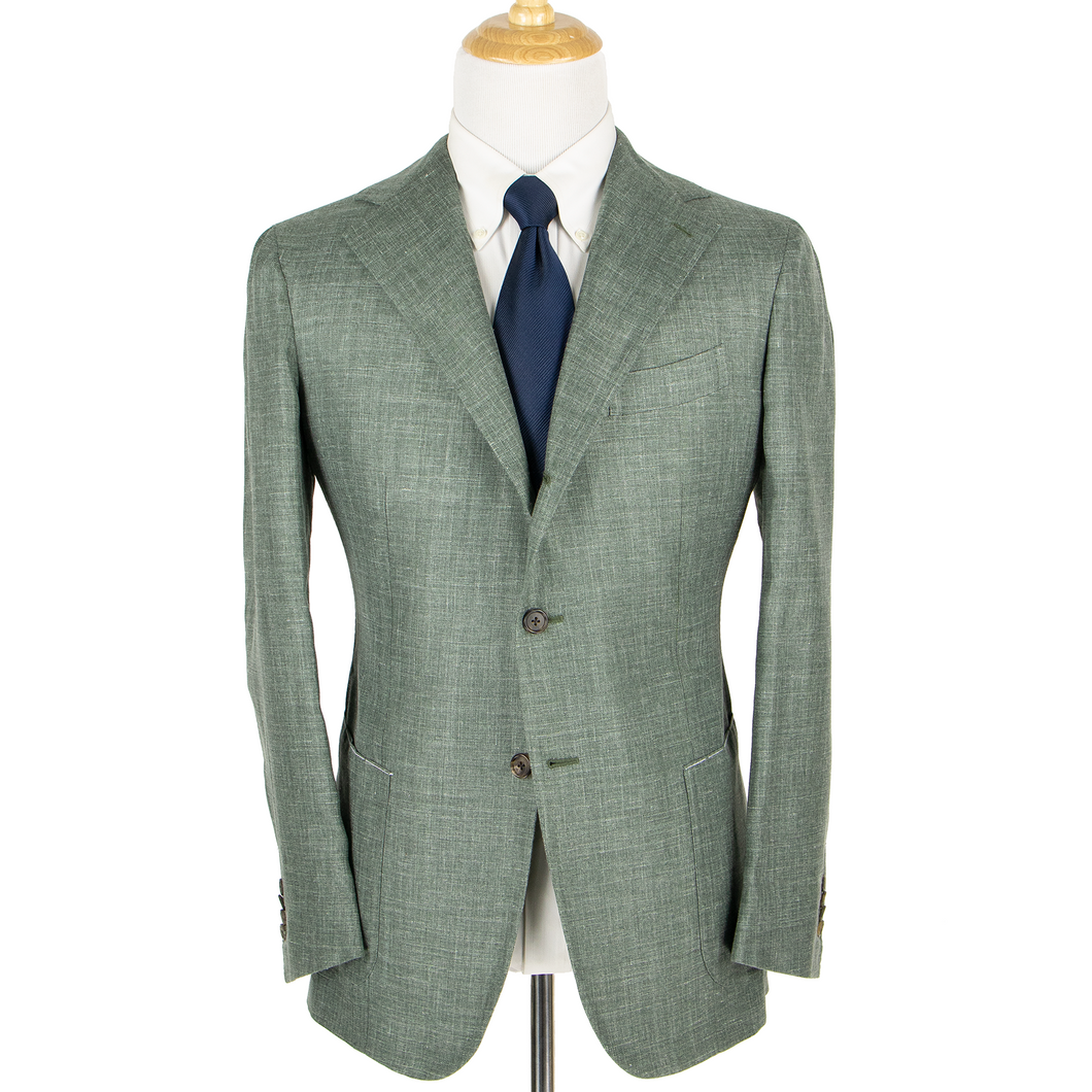 NWOT Sartoria Solito Green Wool Silk Linen Slubby Herringbone 3Btn Jacket 36R