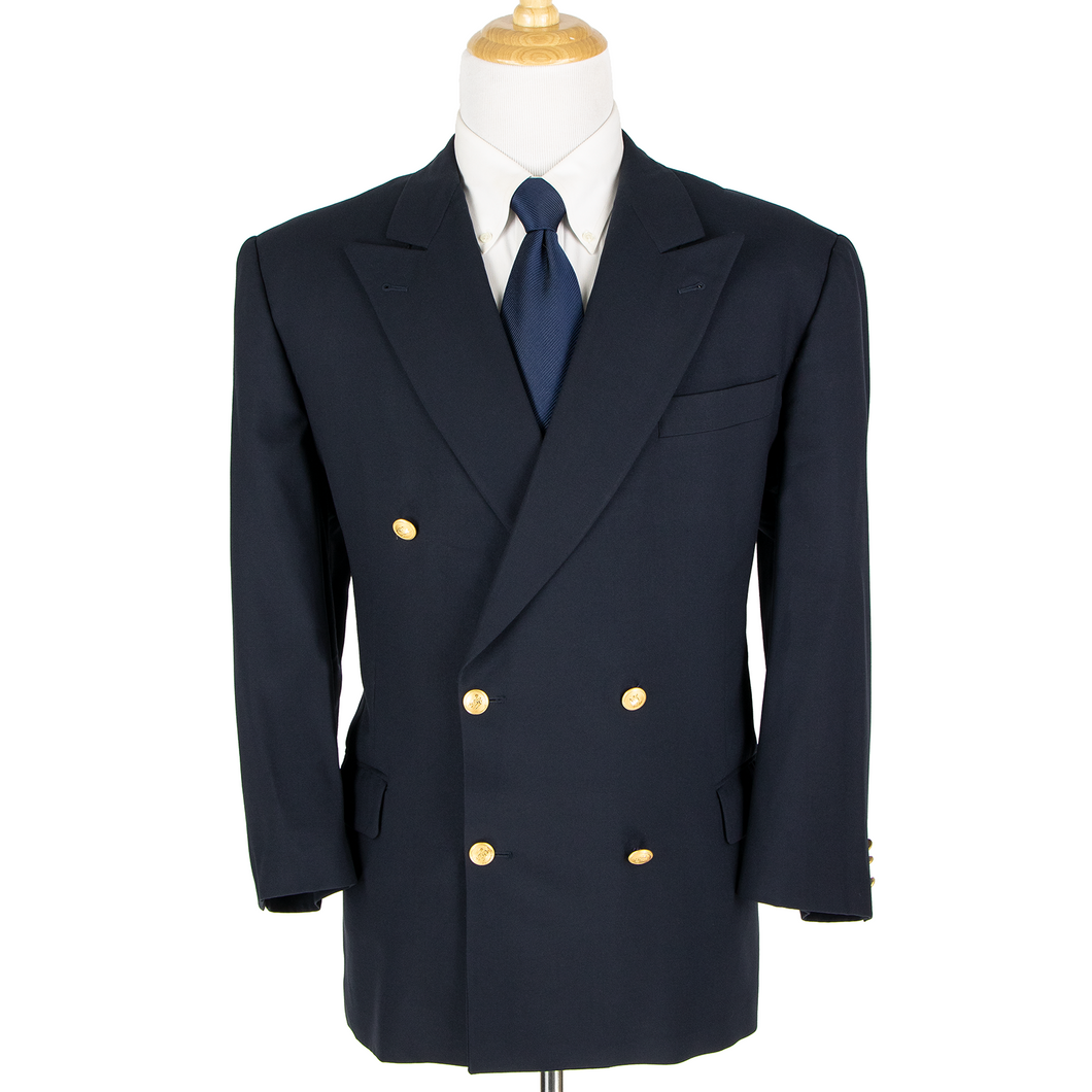 Burberry Kensington Navy Wool Wool Peak Lpl Dbl Breasted Gold Button Jacket 43R